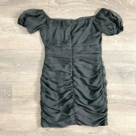 Lioness Mini Dress Black Ruched Gathered Off Shoulder puff Sleeve Size Medium - Picture 12 of 12